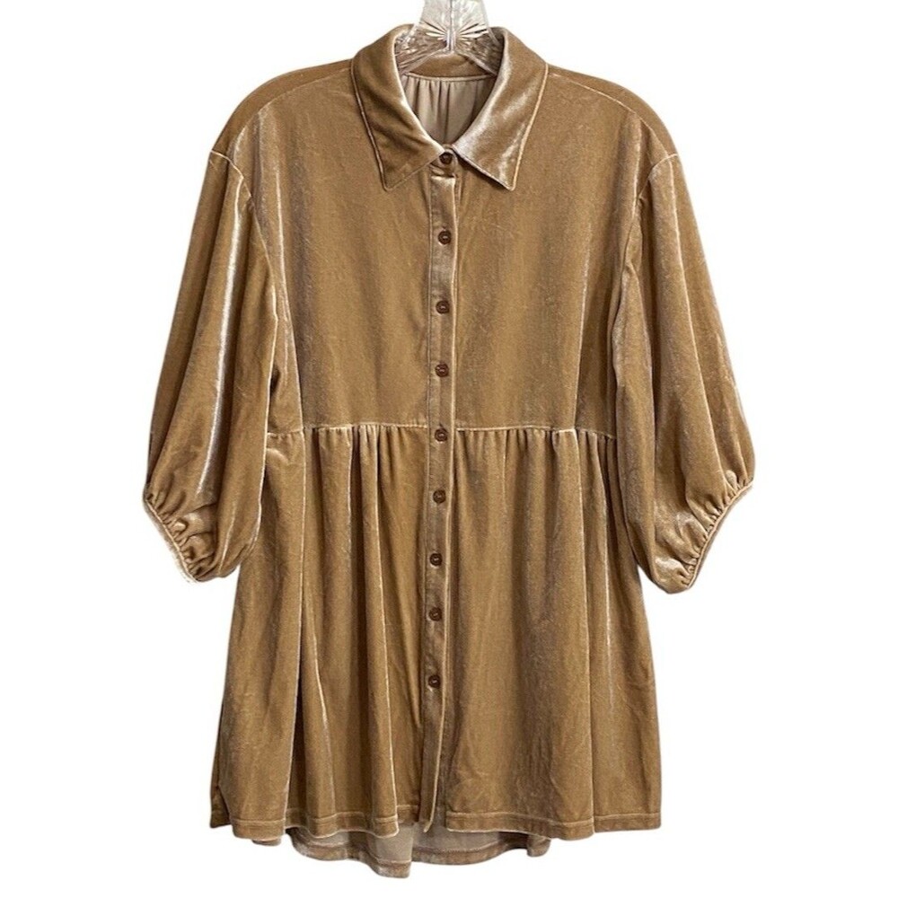 Gold Crushed Velvet Tunic Button Up Boho Romantic Renaissance Jester Size S